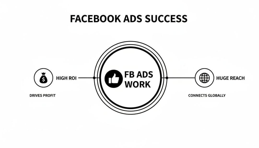 Infographic showing Facebook Ads success leads to high ROI, drives profit, and huge global reach.