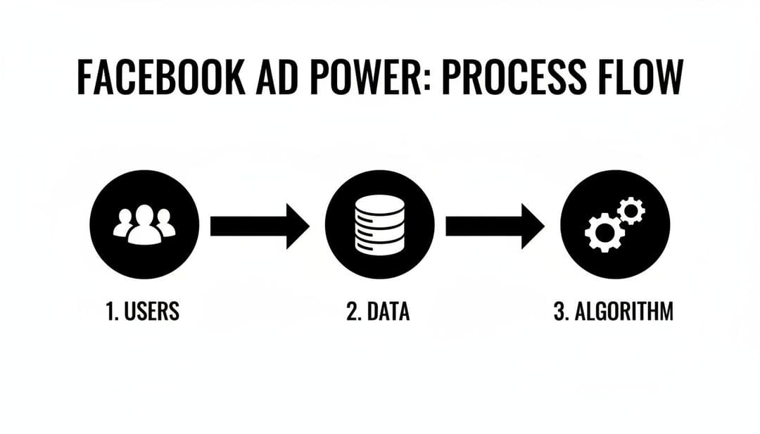 A diagram illustrates the Facebook Ad Power process flow from users to data to algorithm.