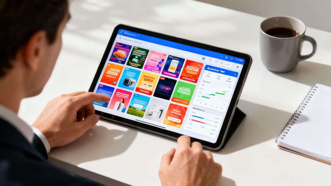 A person's hands navigate a tablet showing a vibrant grid of marketing promotions and business data.