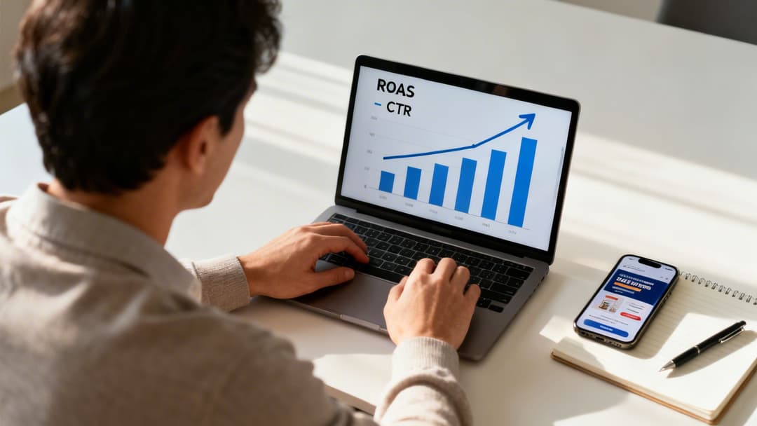 A person uses a laptop to analyze marketing performance data with ROAS and CTR metrics, alongside a smartphone displaying an advertisement.