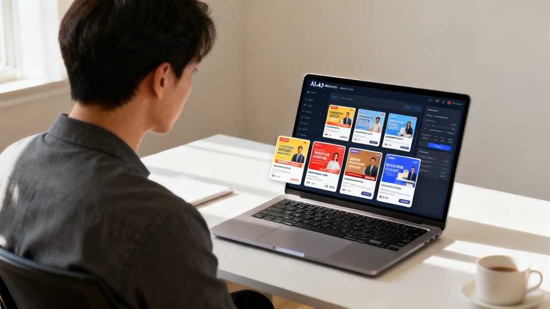 A person views an online learning platform on a laptop with course cards on a white desk.