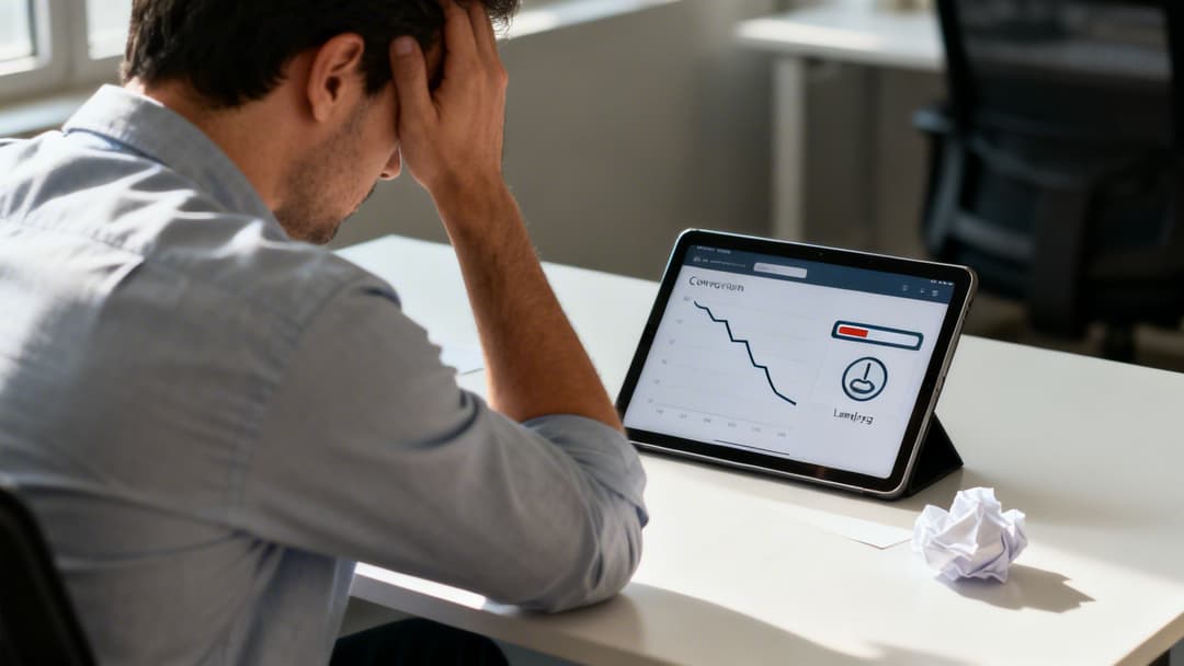 A distressed man in an office looking at a tablet displaying a financial downturn graph.