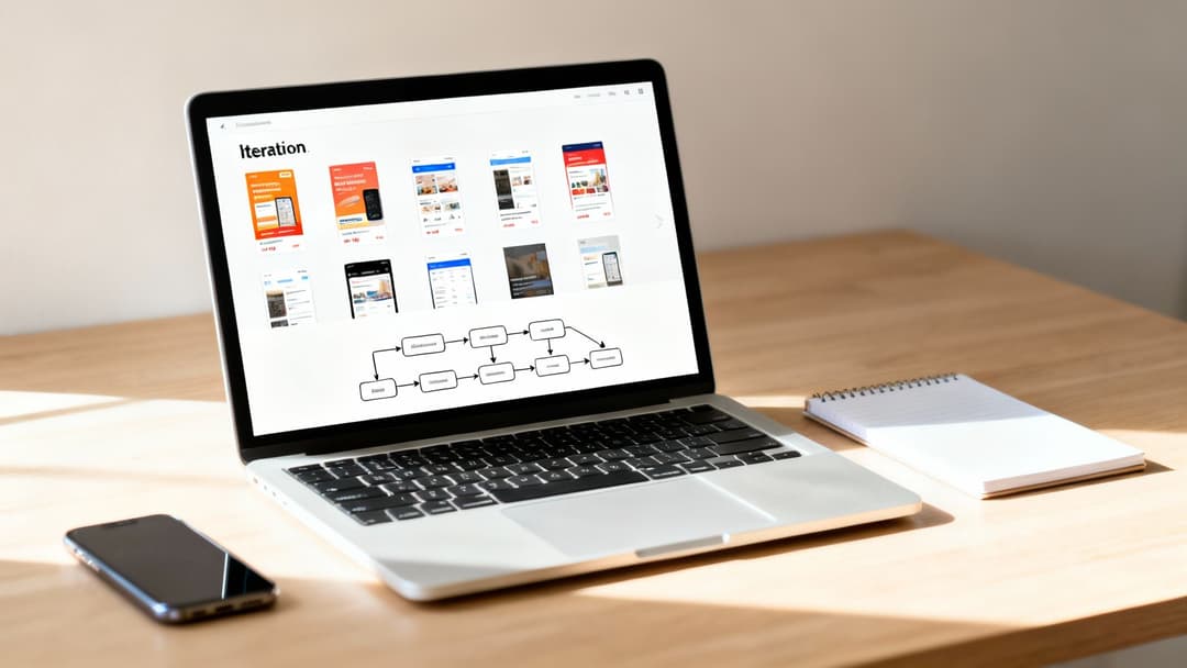A laptop displays app mockups and a UX design iteration flowchart on a wooden desk.