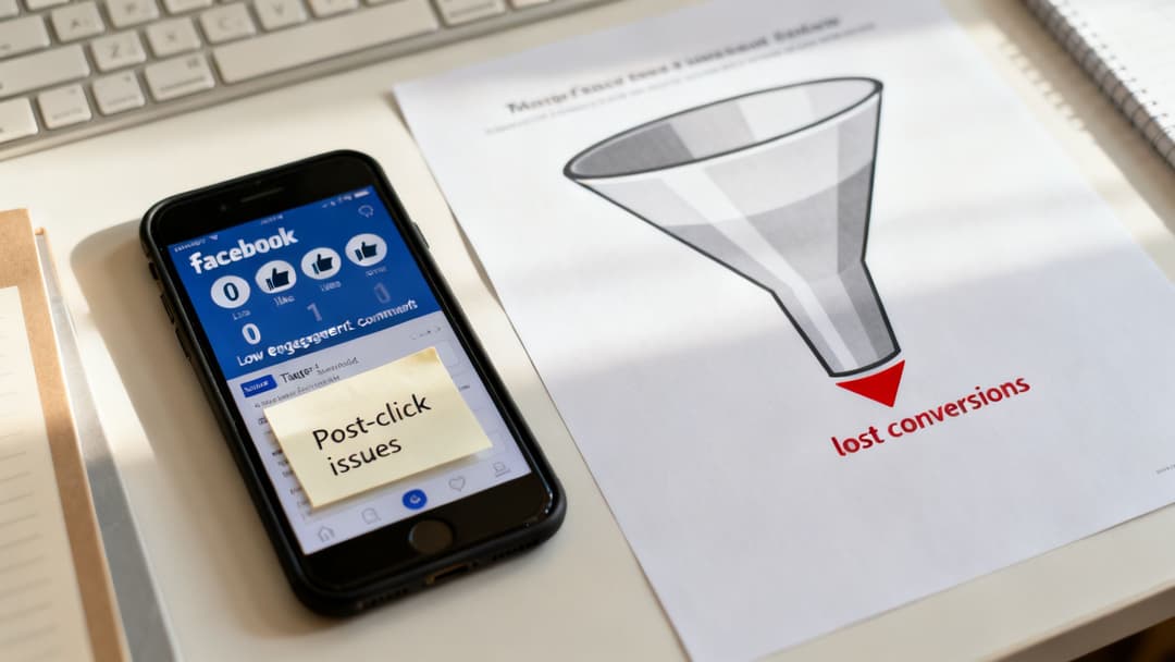 A smartphone displays low Facebook engagement metrics next to a paper with a funnel symbolizing lost conversions.