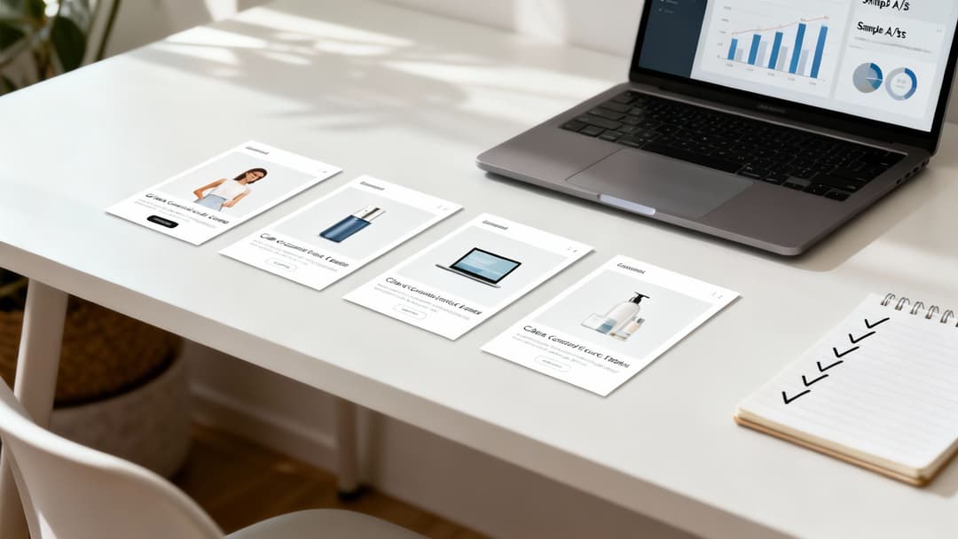 A desk with a laptop showing charts and various digital campaign mockups for DTC marketing.