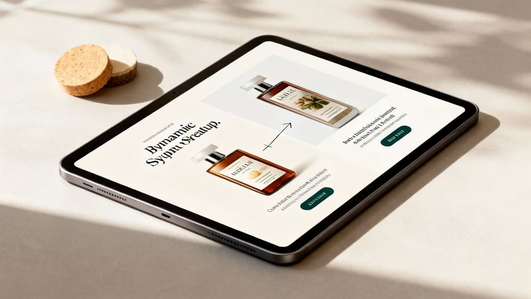 A tablet on a light surface displays a website with two product bottles, next to two cork coasters.