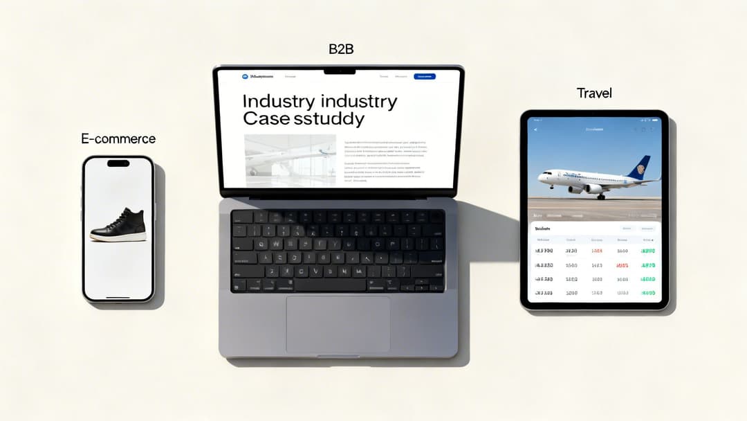 Three devices (phone, laptop, tablet) showcasing e-commerce, B2B, and travel industry applications in a flat lay.