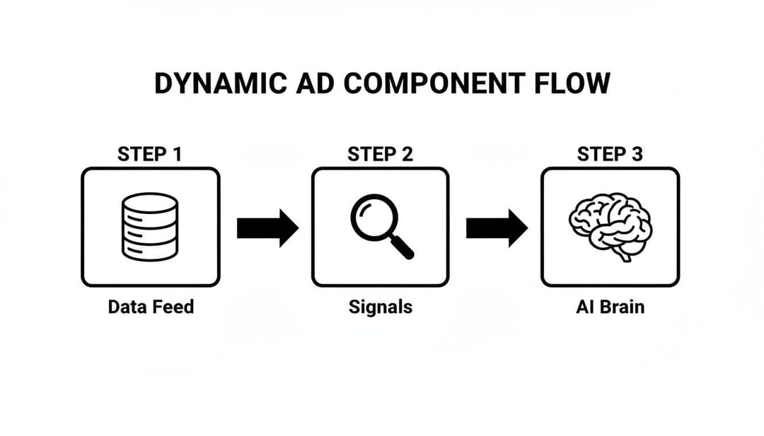 Flowchart showing dynamic ad component process: Data Feed to Signals to AI Brain for ad optimization.