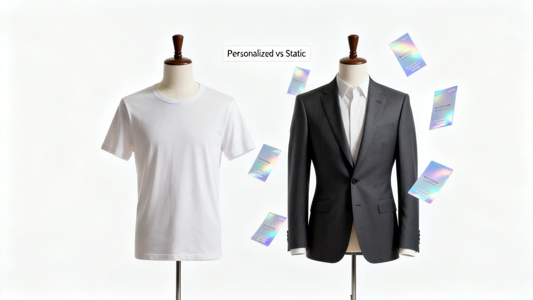 Two mannequins: one in a white t-shirt (static) and another in a suit with personalized holographic cards.
