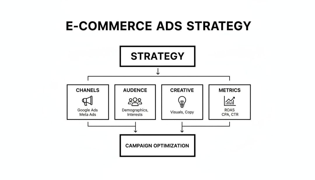 Flowchart detailing e-commerce ads strategy: channels, audience, creative, metrics, and campaign optimization.