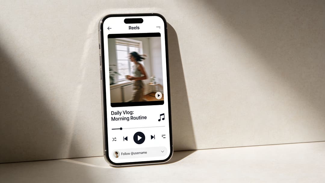 A smartphone screen displaying a morning routine reel on a mobile interface with media playback controls.