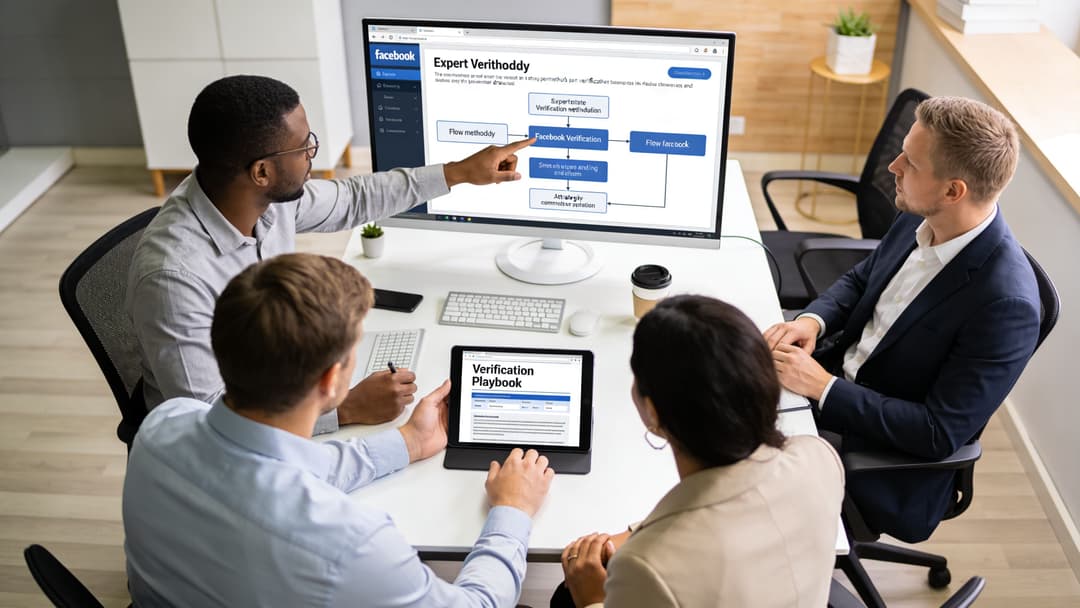 A diverse business team collaborating on a Facebook account verification strategy in a modern office conference room.