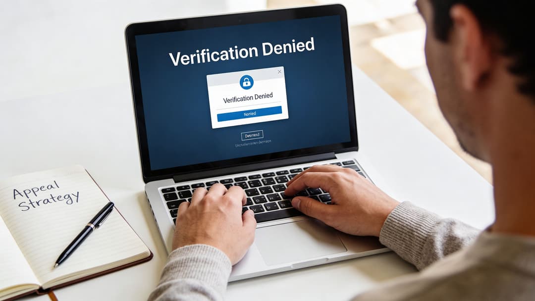 A person sitting at a desk using a laptop that displays a verification denied error message.