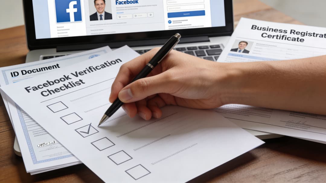 A person checking a Facebook verification checklist document on a desk next to a laptop.
