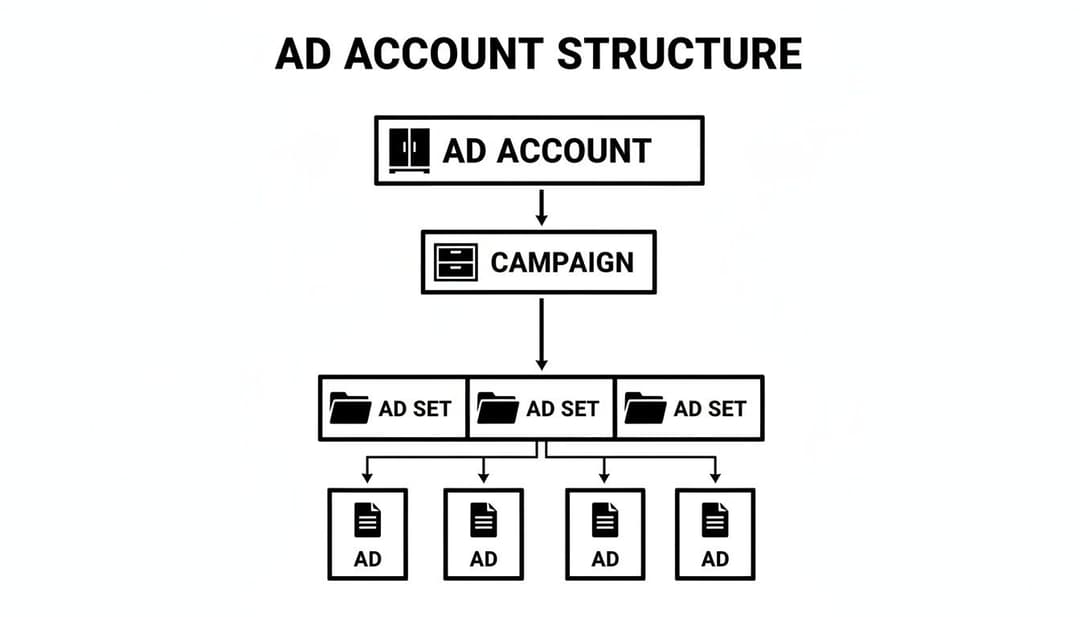 A hierarchical diagram illustrating the structure of an ad account, from account to ads.