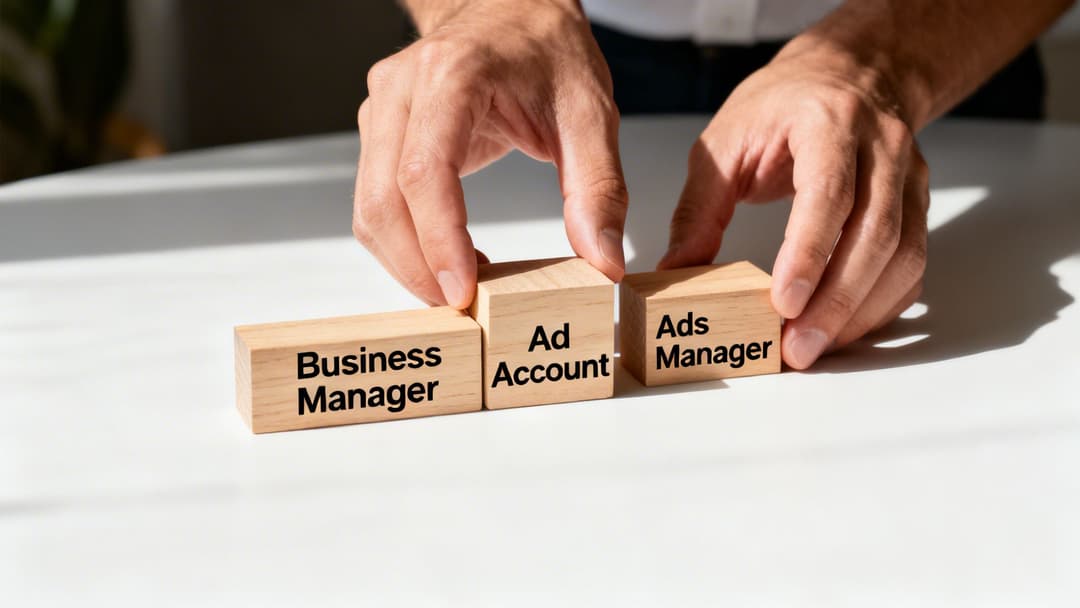 A person's hands arrange wooden blocks labeled 'Business Manager', 'Ad Account', and 'Ads Manager' on a white surface, illustrating ad management concepts.