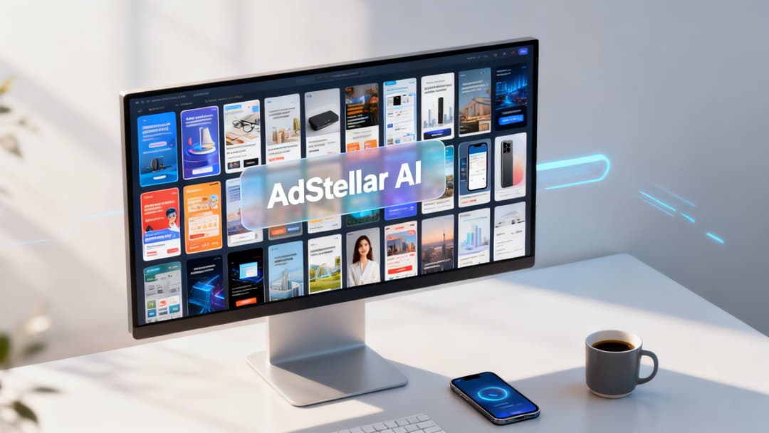 Computer monitor displaying various digital ads and the text 'AdStellar AI' on a white desk.