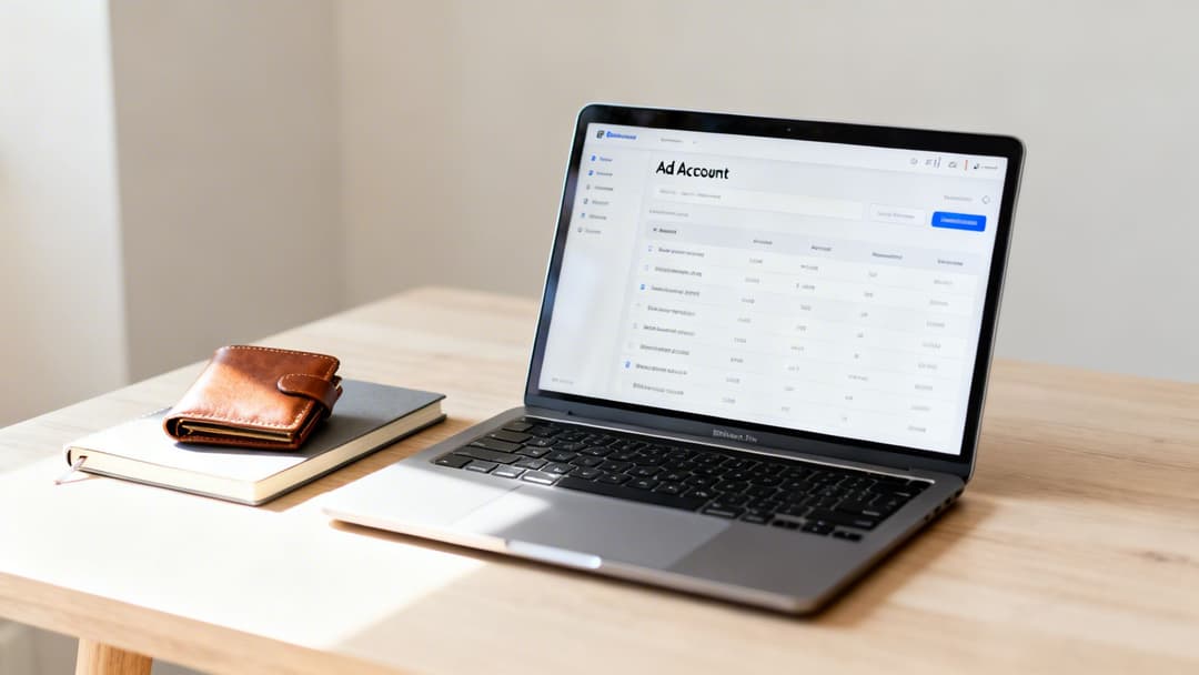 A laptop displaying an 'Ad Account' interface on a wooden desk with a wallet and notebooks.