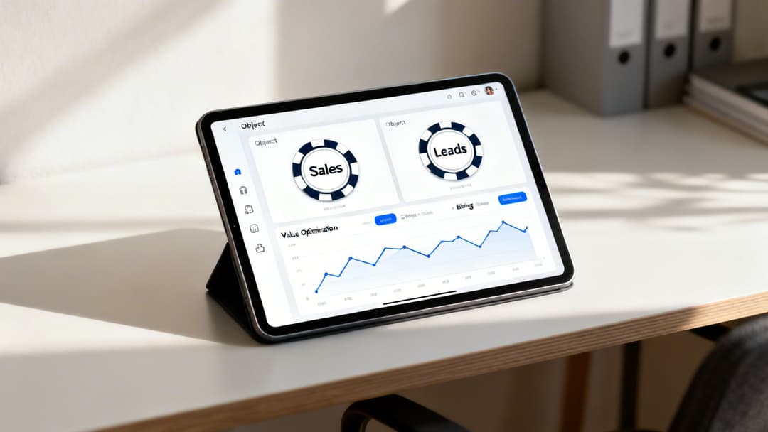 A tablet displays a business dashboard with sales, leads, and value optimization data on a white desk.