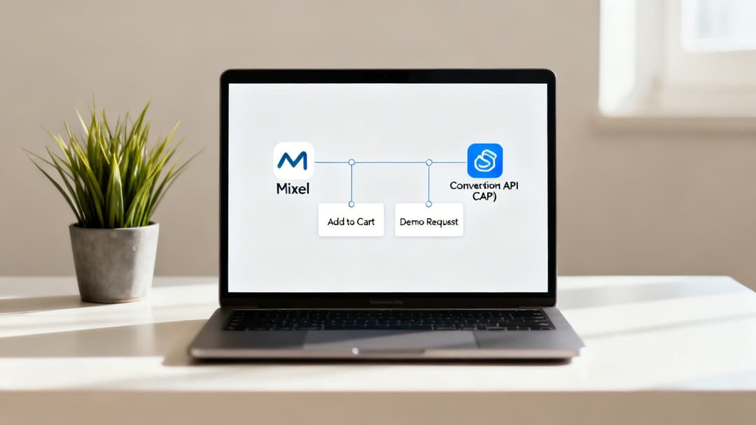 A laptop displays a diagram showing Mixel connecting Add to Cart and Demo Request to Conversion API.