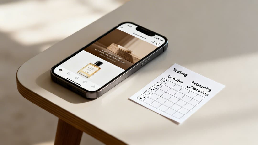 An iPhone displays a social media perfume ad next to a checklist for ad testing strategies.