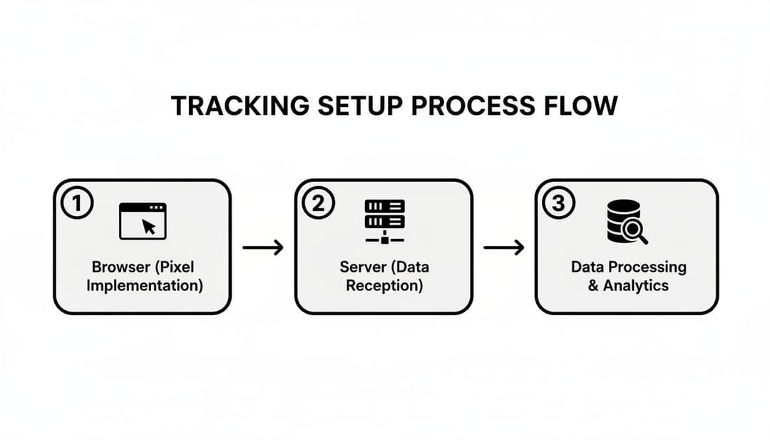 A diagram illustrates a three-step tracking setup process from browser pixel implementation to data analytics.