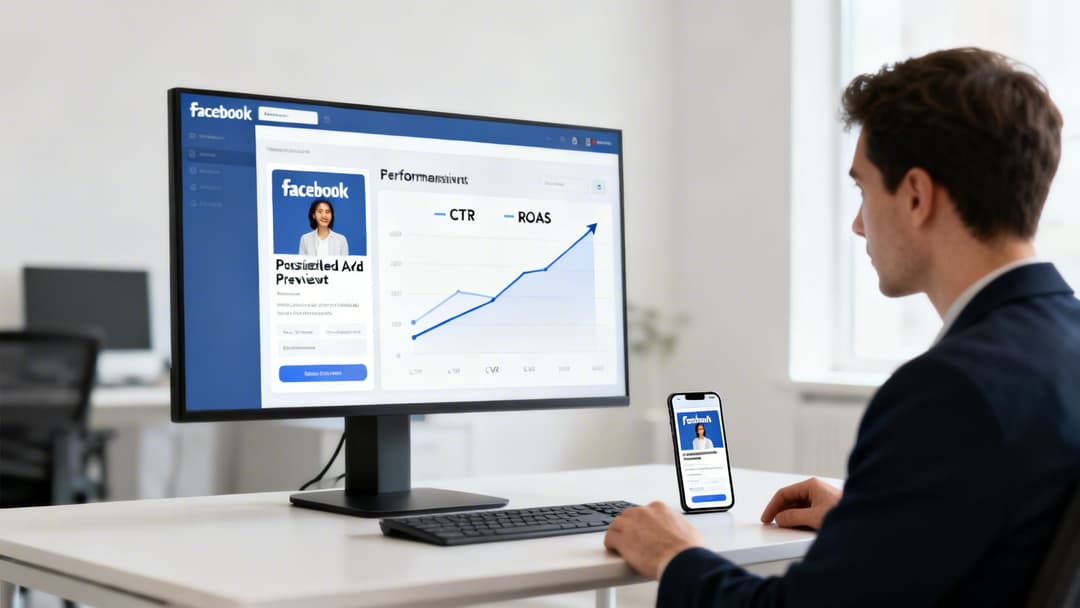 Man reviews Facebook ad performance and a detailed ad preview on a desktop computer and smartphone.