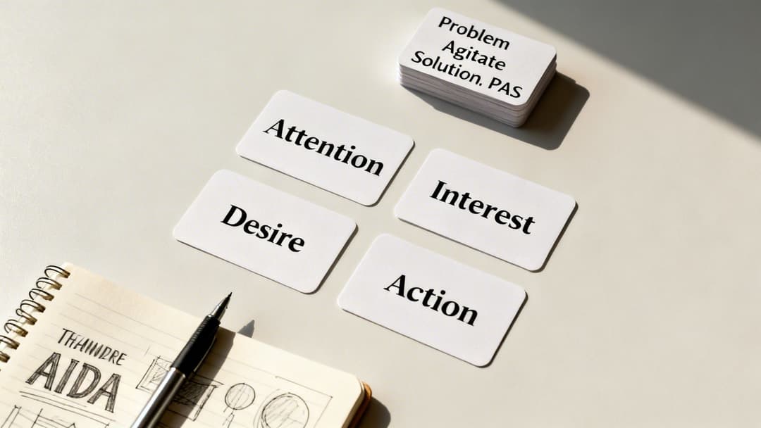 White cards displaying 'Attention, Interest, Desire, Action' and 'Problem, Agitate, Solution, PAS' on a desk with a notebook.