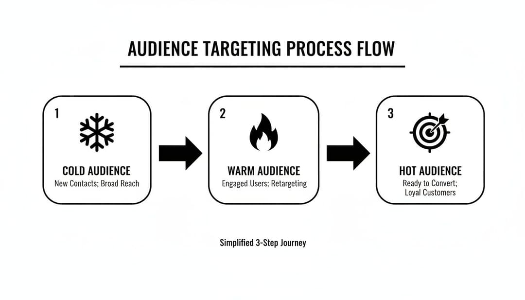 A diagram detailing the 3-step audience targeting process: Cold, Warm, and Hot audiences.