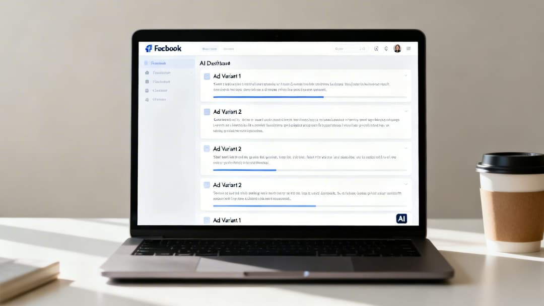 A laptop on a desk displays a Facebook 'Ad Dashboard' with multiple 'Ad Variant' sections, beside a coffee cup.