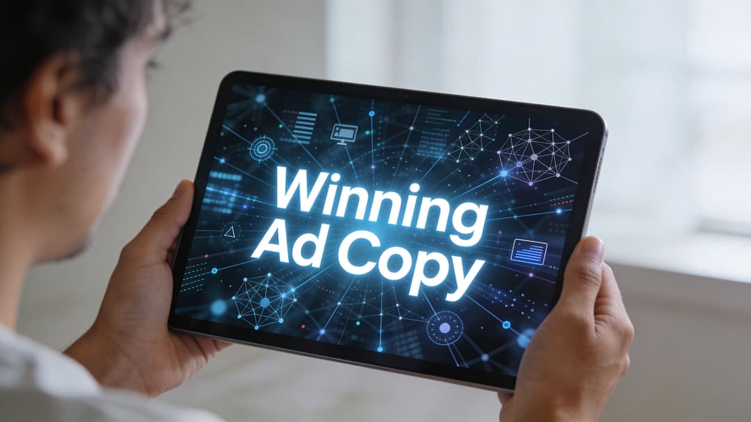 A person holding a tablet displaying the text Winning Ad Copy surrounded by digital network graphics.
