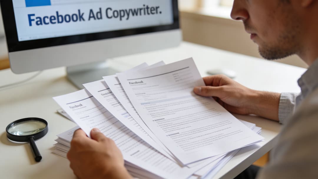 A professional copywriter reviewing multiple printed Facebook ad documents while working at his modern office desk.