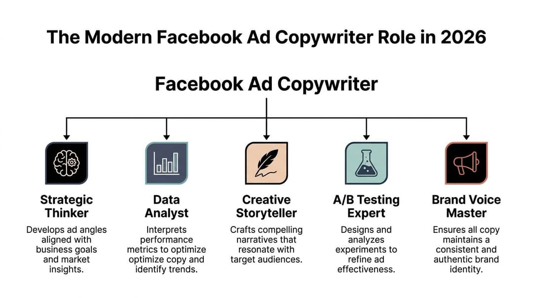 A diagram outlining the essential skills and roles required for a modern Facebook ad copywriter in 2026.