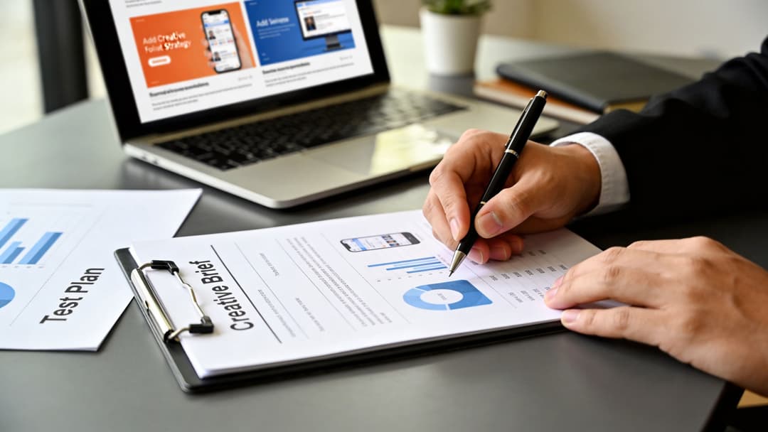 A professional copywriter reviewing a creative brief document with charts on a desk next to a laptop.