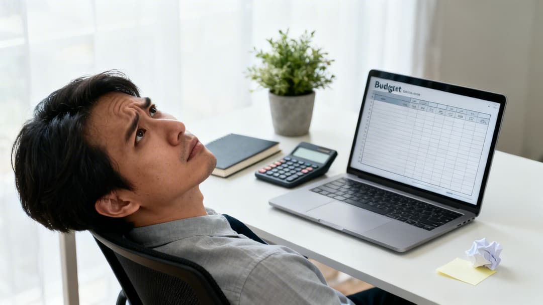 A stressed man looks up, leaning back in his chair, frustrated by the budget spreadsheet on his laptop.