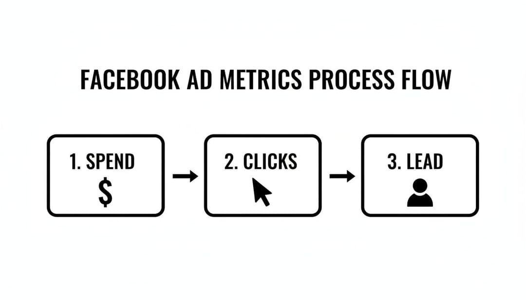 Flowchart illustrating the Facebook ad metrics process, showing steps from spend, to clicks, to lead.