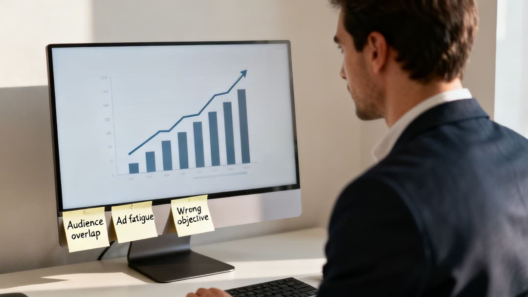 Man reviewing a growth chart on a computer monitor with sticky notes about ad campaign issues.