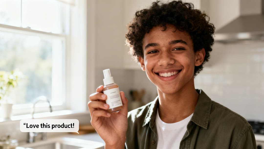 A smiling young man with curly hair holds a brown spray bottle, exclaiming "Love this product!".