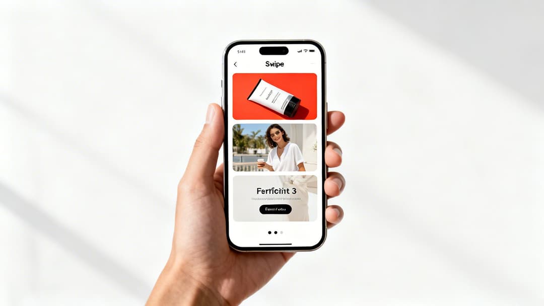 A hand holds an iPhone displaying a 'Swipe' app with a product, a woman, and text 'FerriFint 3'.