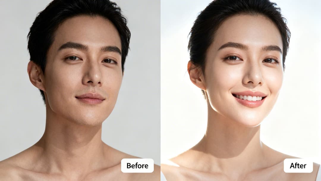 A before and after comparison of a man and a woman showcasing beautiful, clear skin.