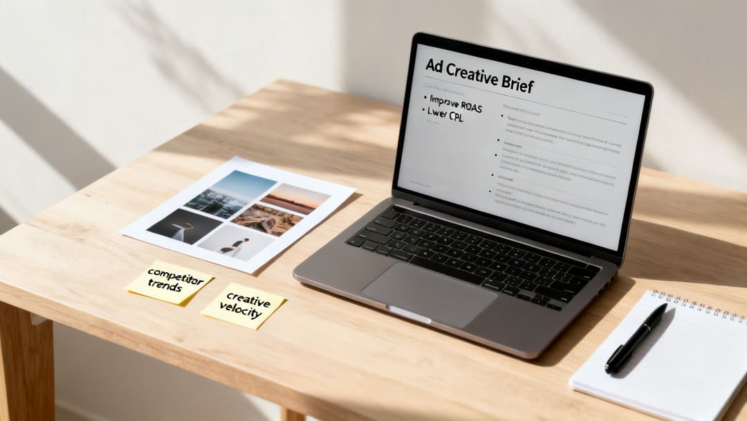 A laptop displaying an Ad Creative Brief, creative examples, and notes on a wooden desk.