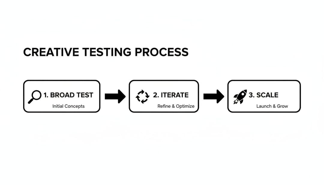 Diagram illustrating a creative testing process with three steps: broad test, iterate, and scale.