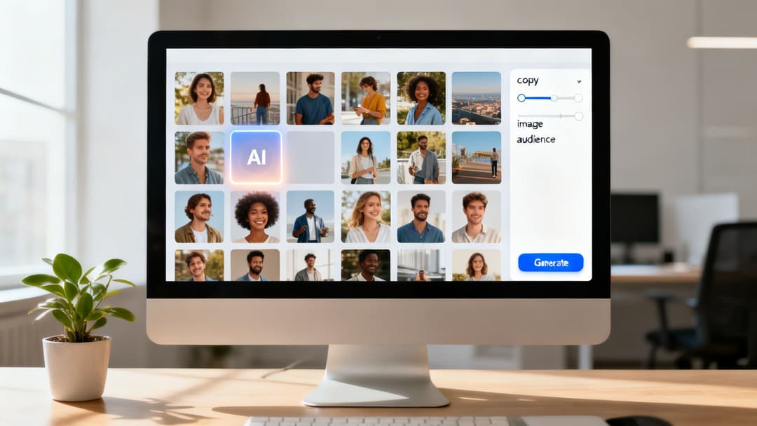 A computer screen displays an AI ad creative generator interface with diverse people's portraits and sliders.