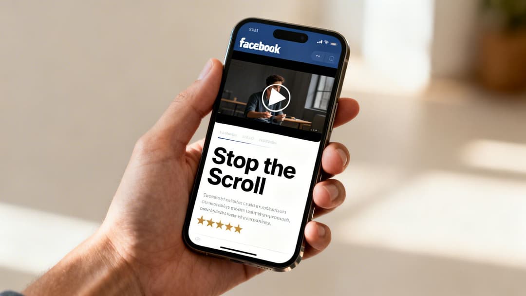 A person's hand holds a smartphone displaying a Facebook ad featuring a video, 'Stop the Scroll' headline, and five stars.