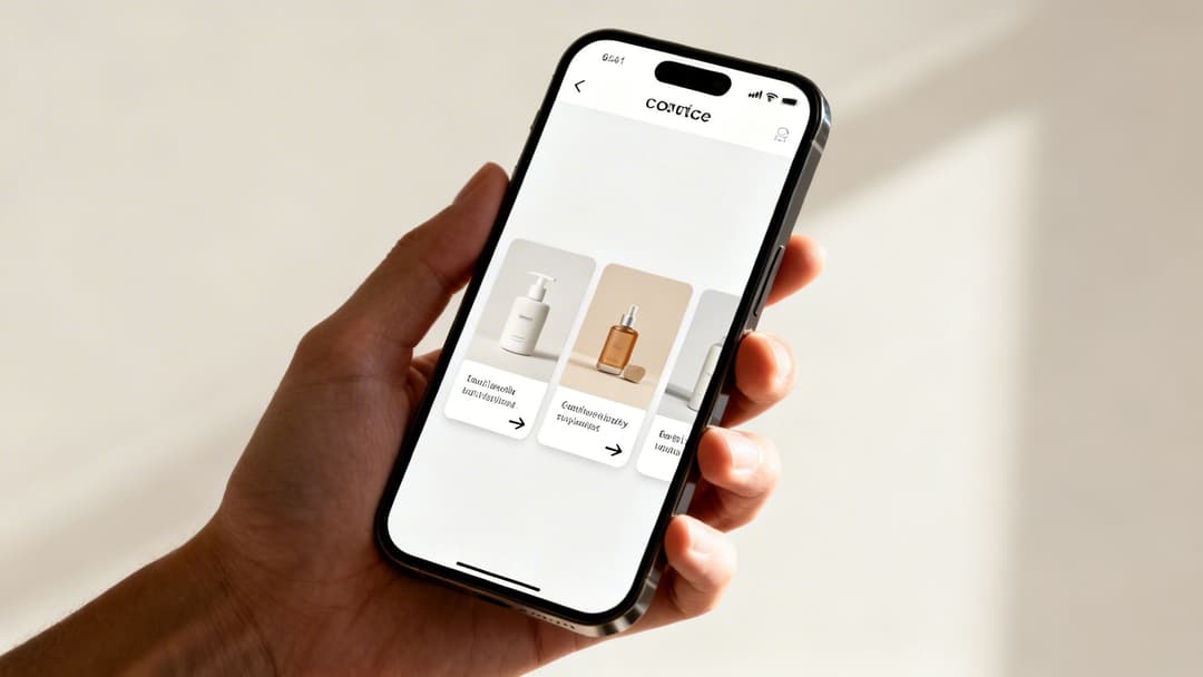 A hand holds a modern smartphone displaying a skincare e-commerce app with product cards.