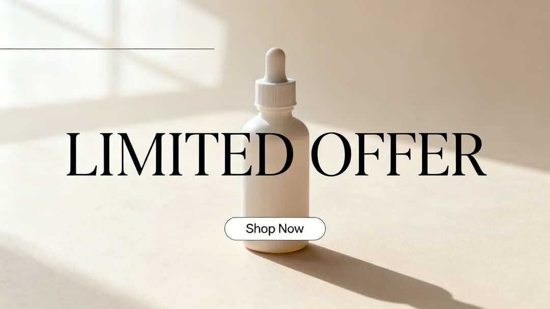 A white dropper bottle with 'Limited Offer' and 'Shop Now' text, showcasing a product promotion.