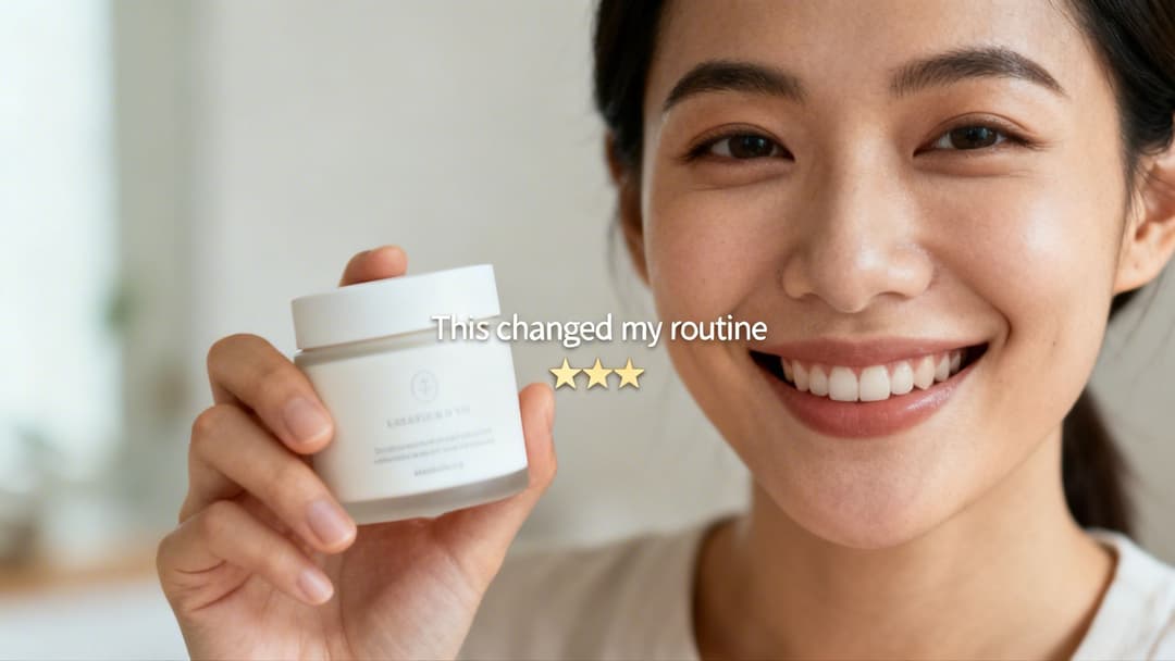 A smiling woman holds a skincare product jar, featuring a text overlay 'This changed my routine' and three stars.