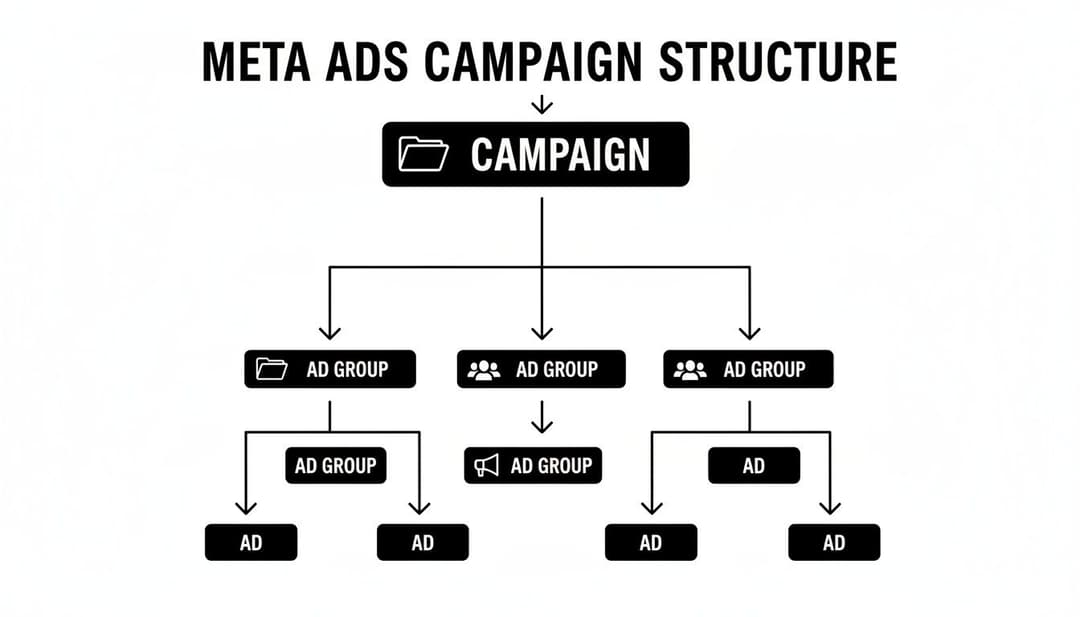 Diagram showing the Meta Ads campaign structure, outlining the hierarchy from campaign to ad groups and ads.