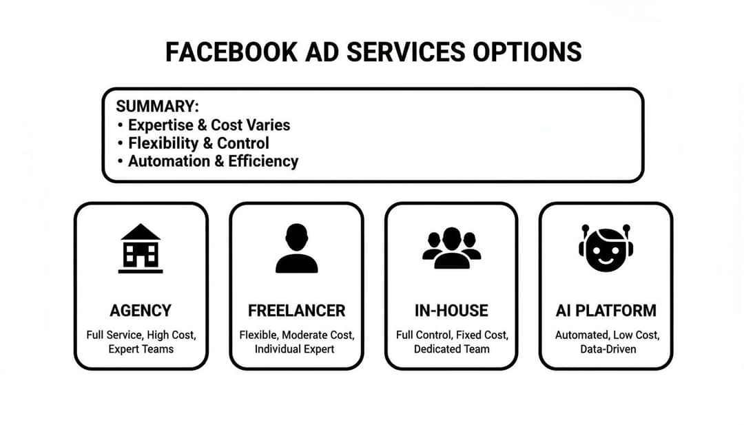 Infographic showing four Facebook ad service options: Agency, Freelancer, In-House, and AI Platform, with their characteristics.