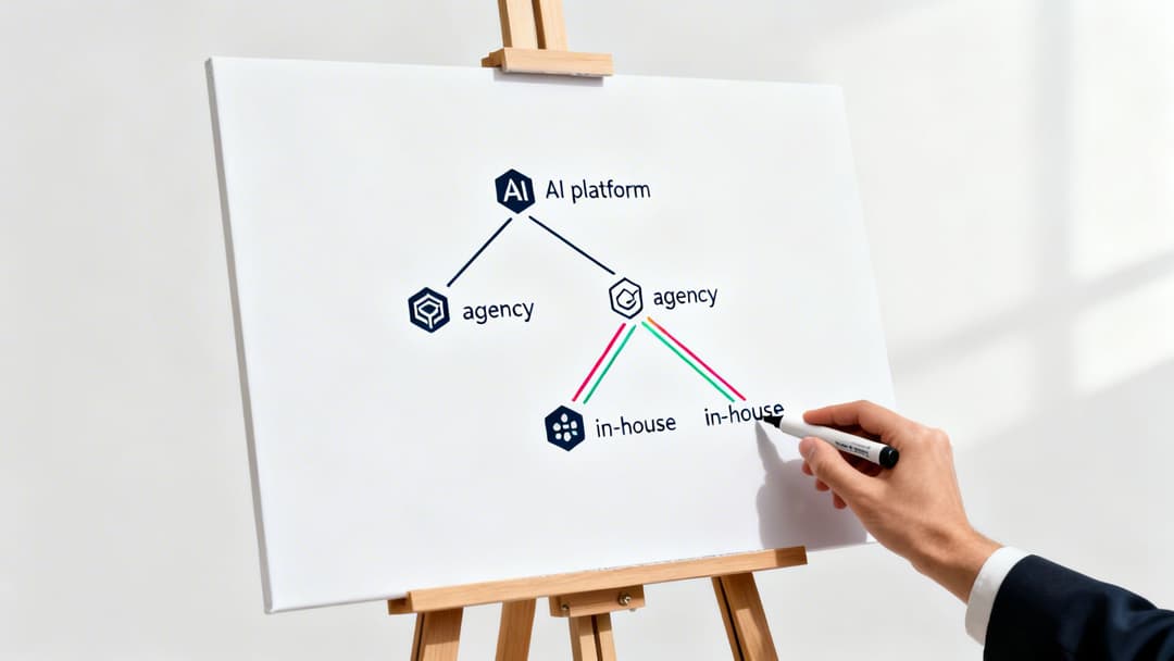 A hand writes 'in-house' on a whiteboard diagram showing an AI platform, agencies, and teams.